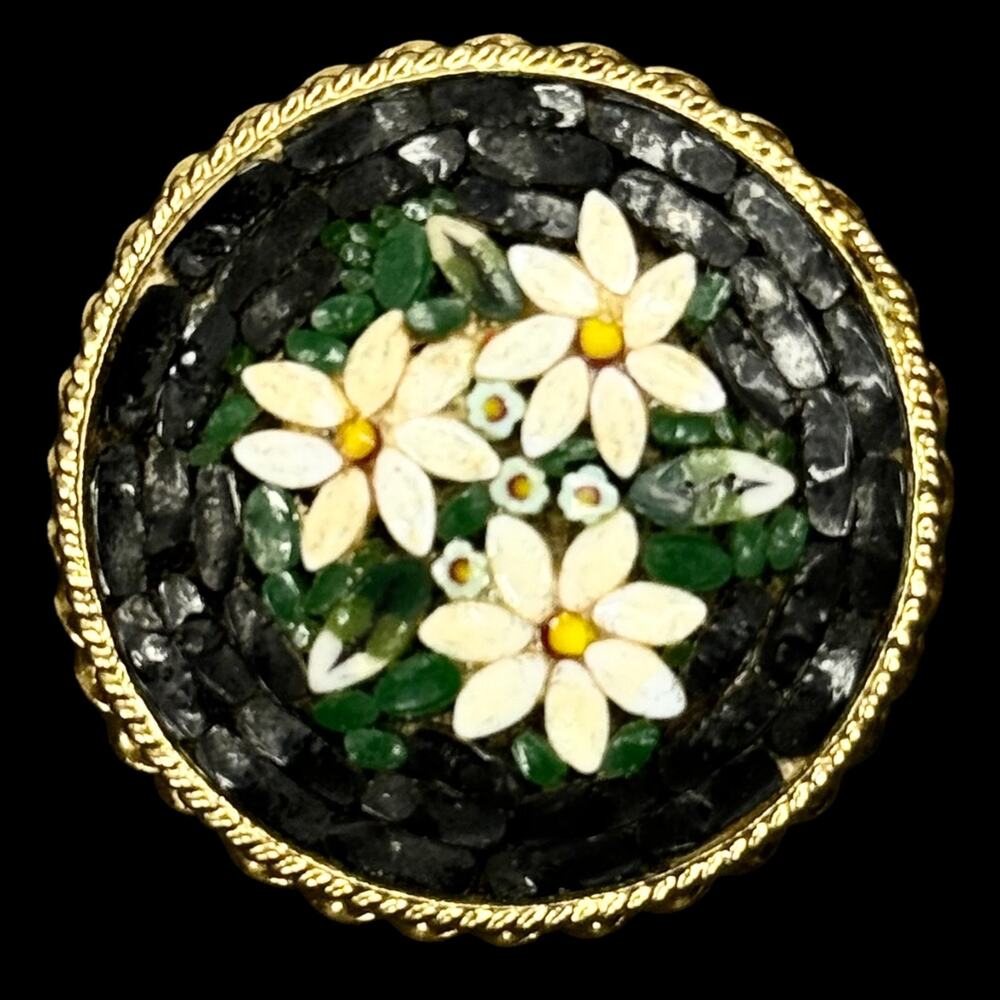 Vintage Italy Micro Mosaic Pin Round Brooch Pin Daisy Flower